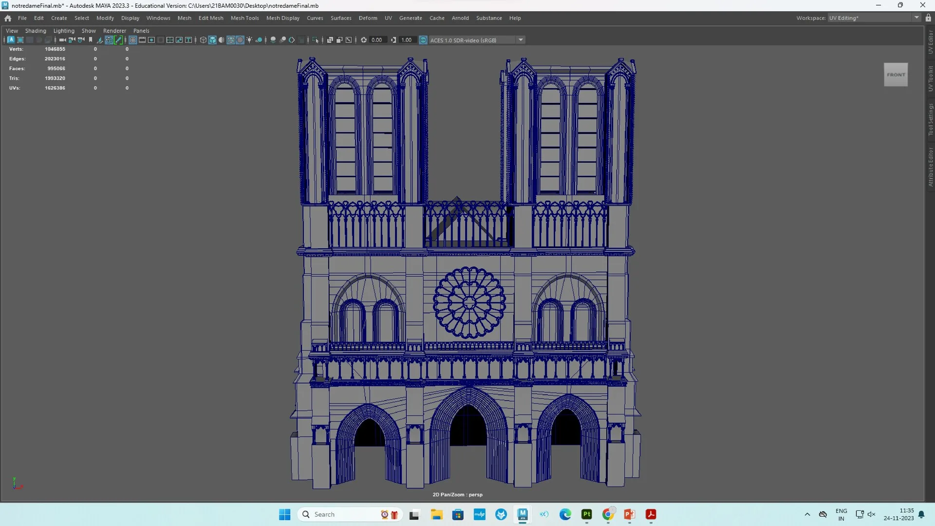 Front orthographic view of the Notre Dame Cathedral 3D model showing the twin towers and portal arches.
