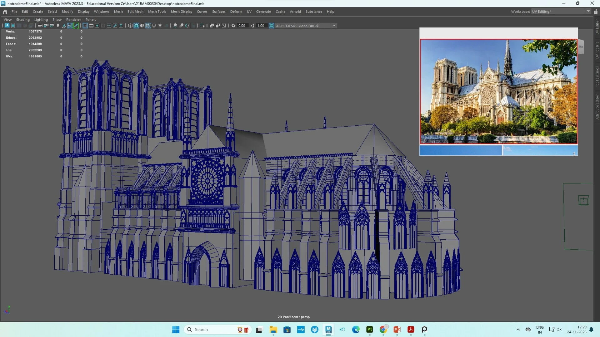 Full side-angle perspective of the complete Notre Dame 3D model, highlighting the flying buttresses and nave.