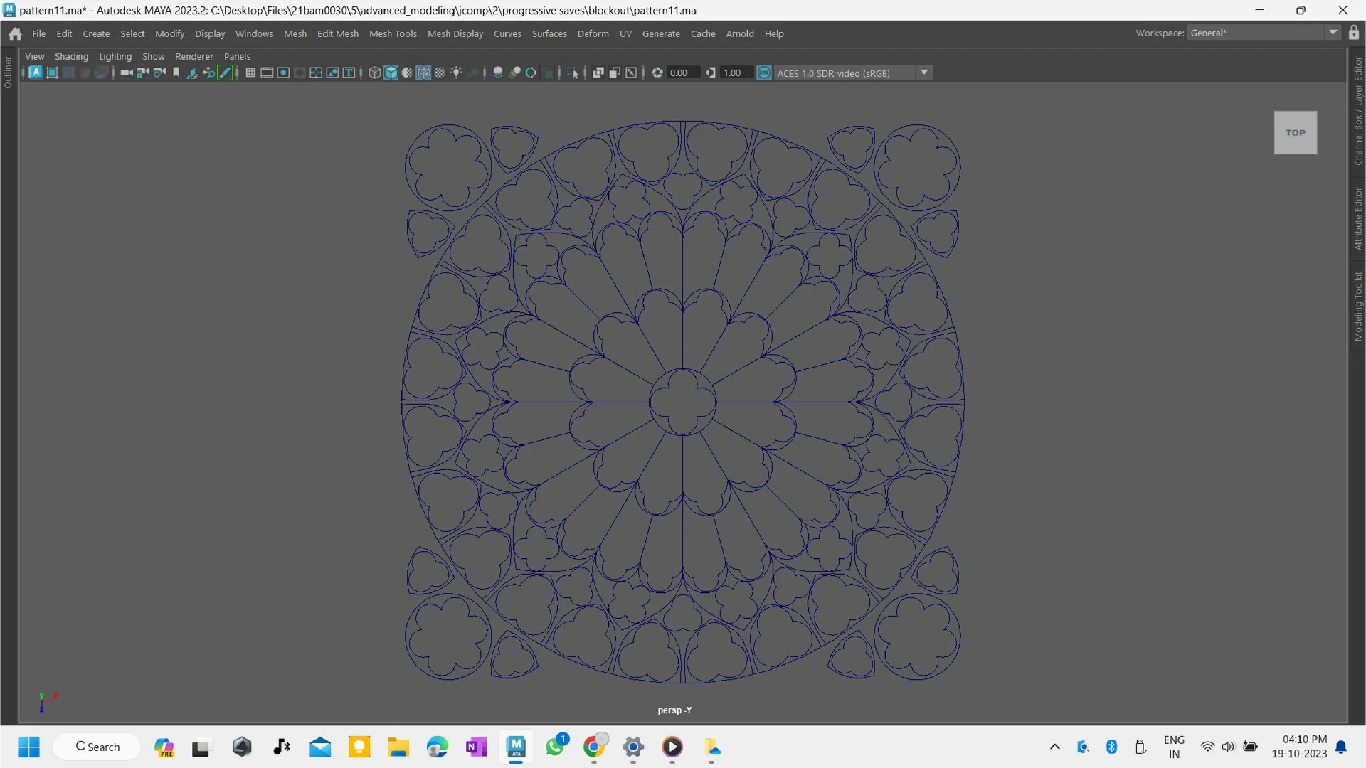 Top-down view of a 2D curve layout for the intricate Gothic rose window geometry in Maya.