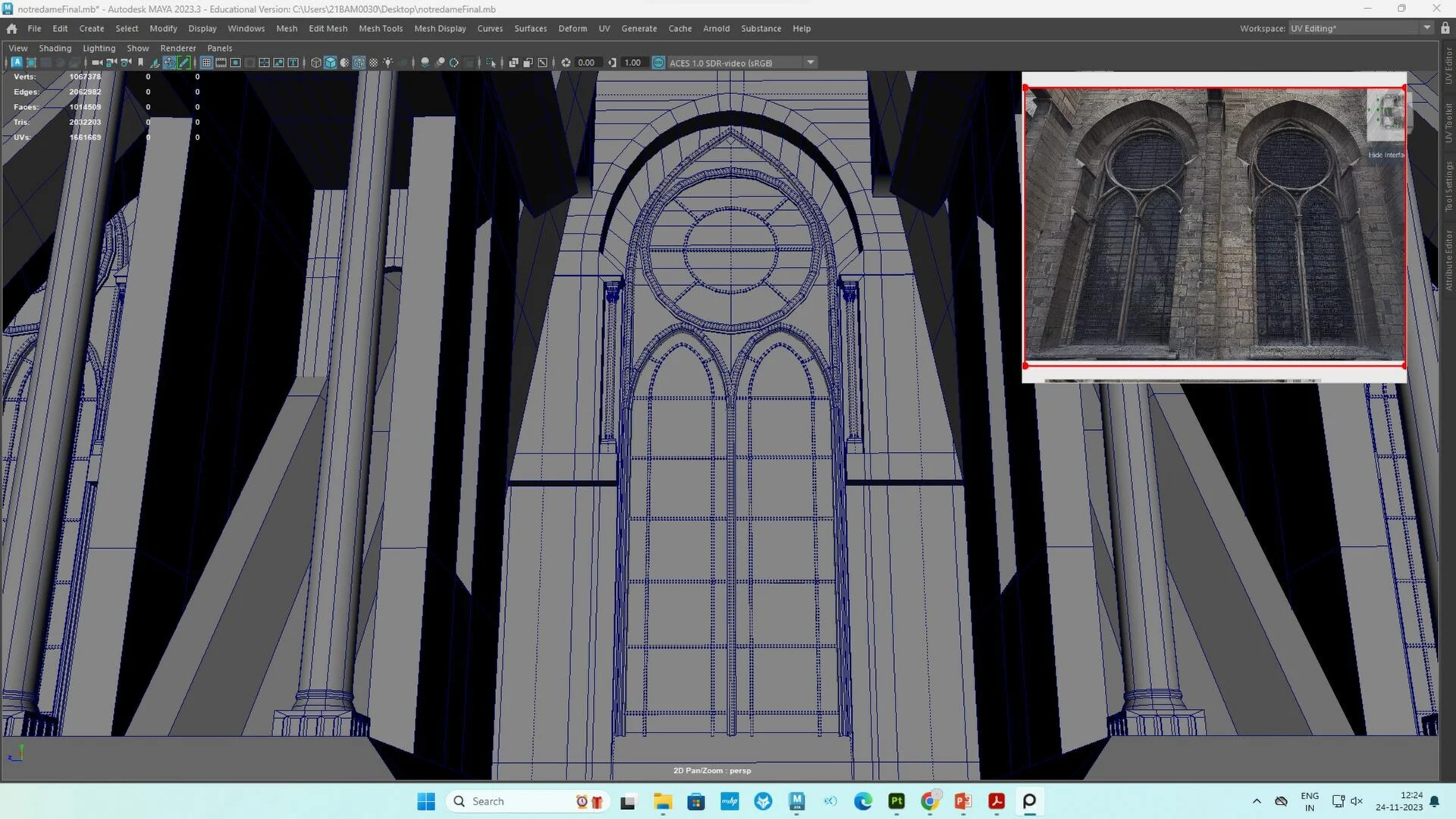 Detailed wireframe view of the pointed Gothic lancet windows and surrounding structural pillars.