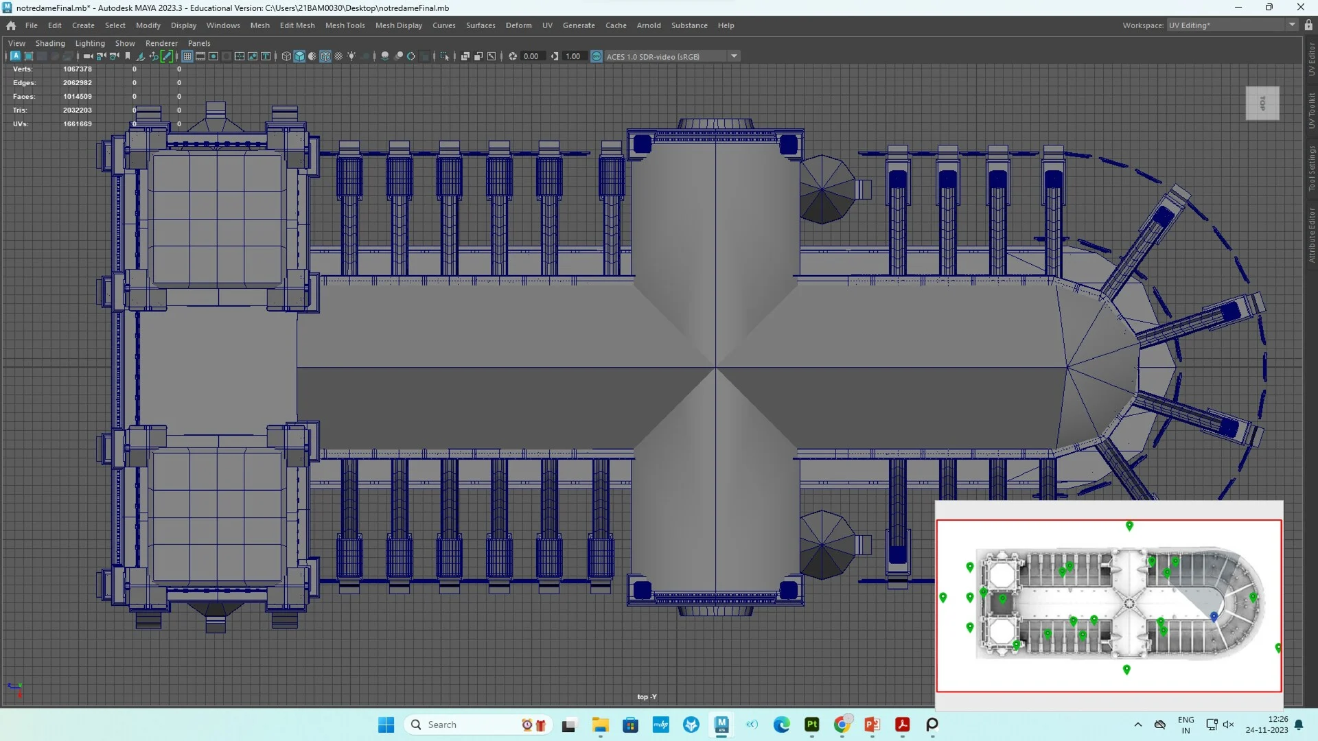 Top-down orthographic view of the Notre Dame cathedral 3D model layout.