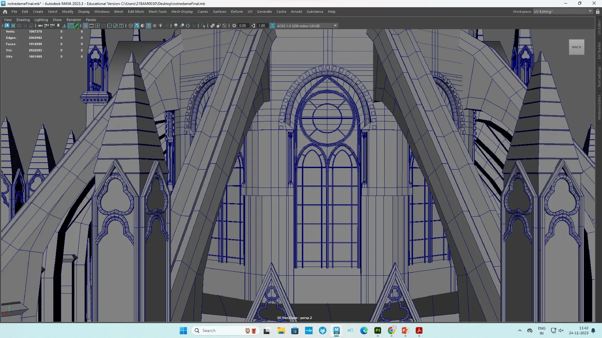 3D mesh detail of the clerestory windows and vaulted ceiling supports of a Gothic cathedral model.