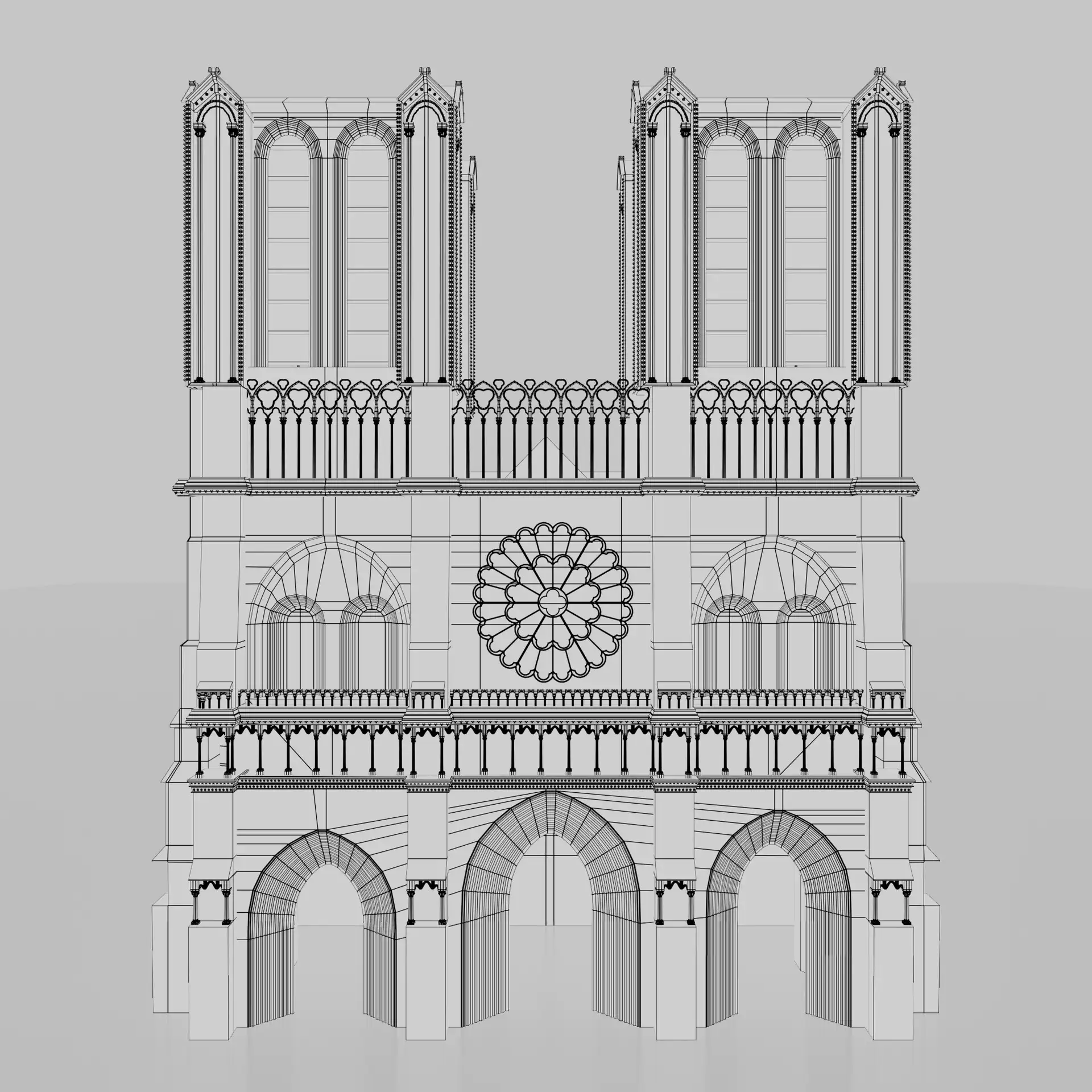 Clean wireframe topology of the Notre Dame facade modeled in Autodesk Maya.