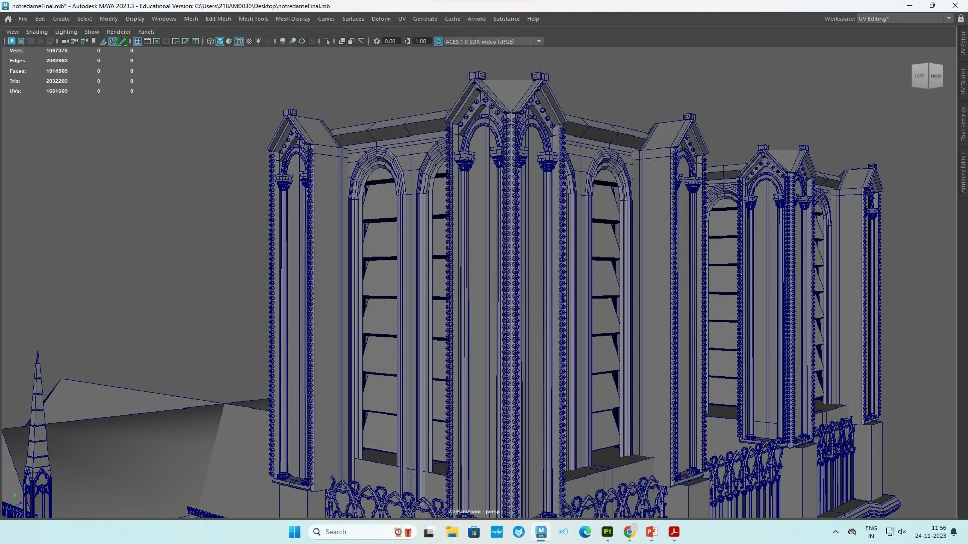 3D wireframe model of the Notre Dame de Paris twin bell towers created in Autodesk Maya.