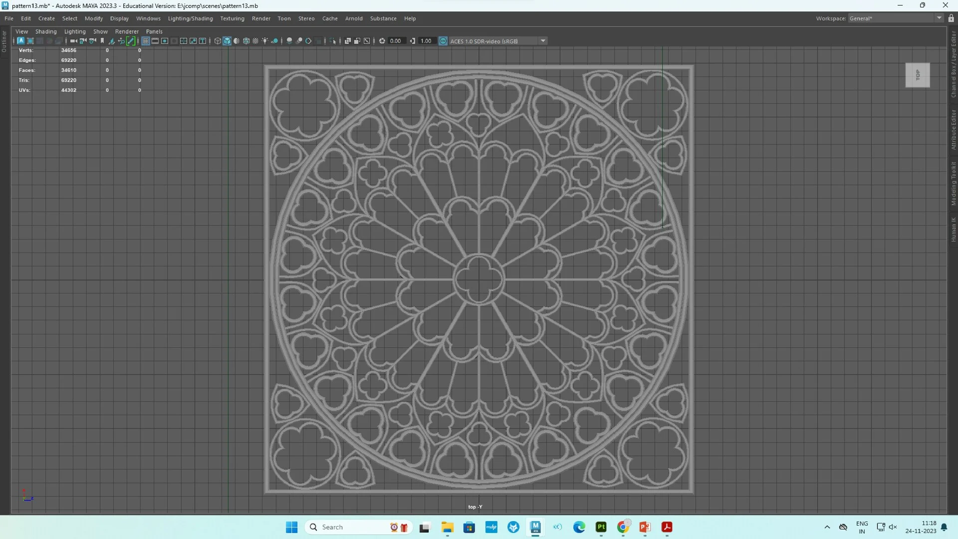 Top-down orthographic wireframe view of the intricate Notre Dame rose window 3D model, demonstrating precise geometric modeling.