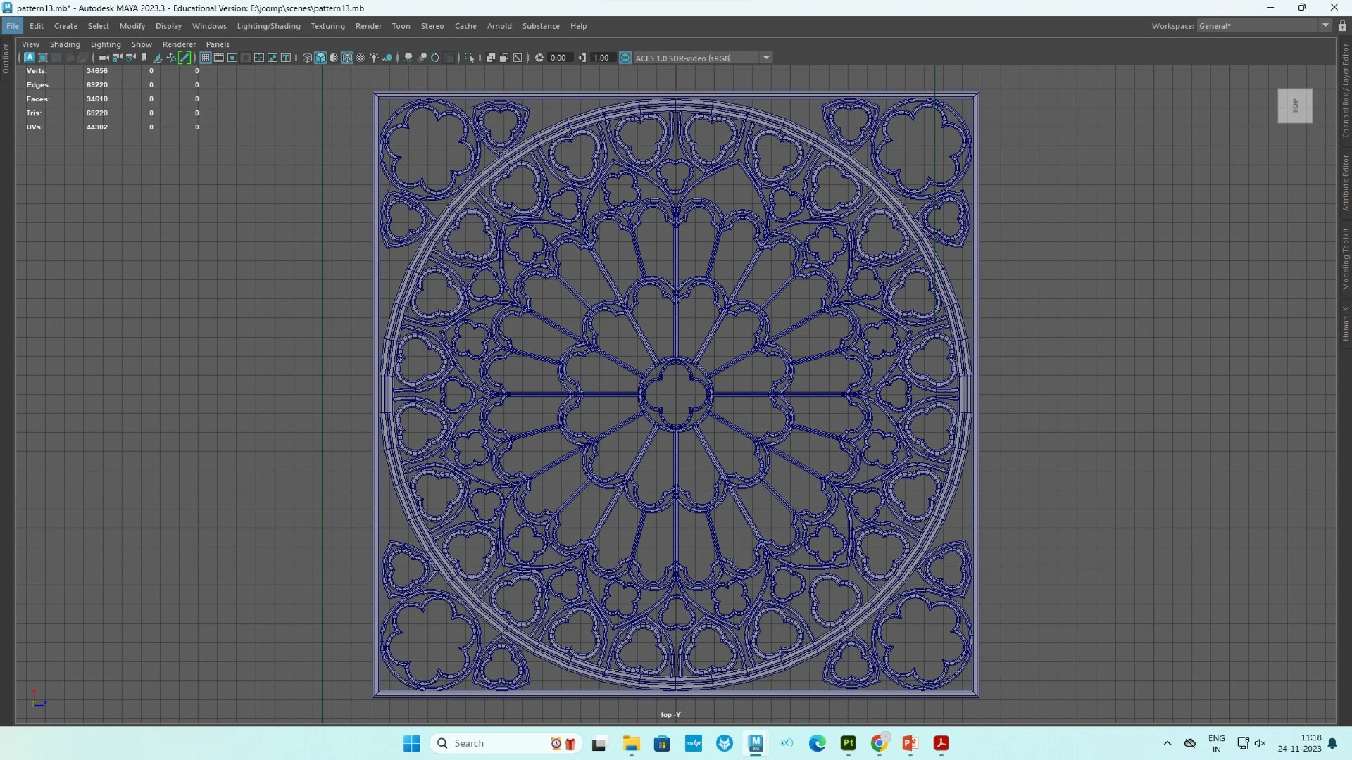 High-detail wireframe of the circular rose window for the Notre Dame 3D model project.