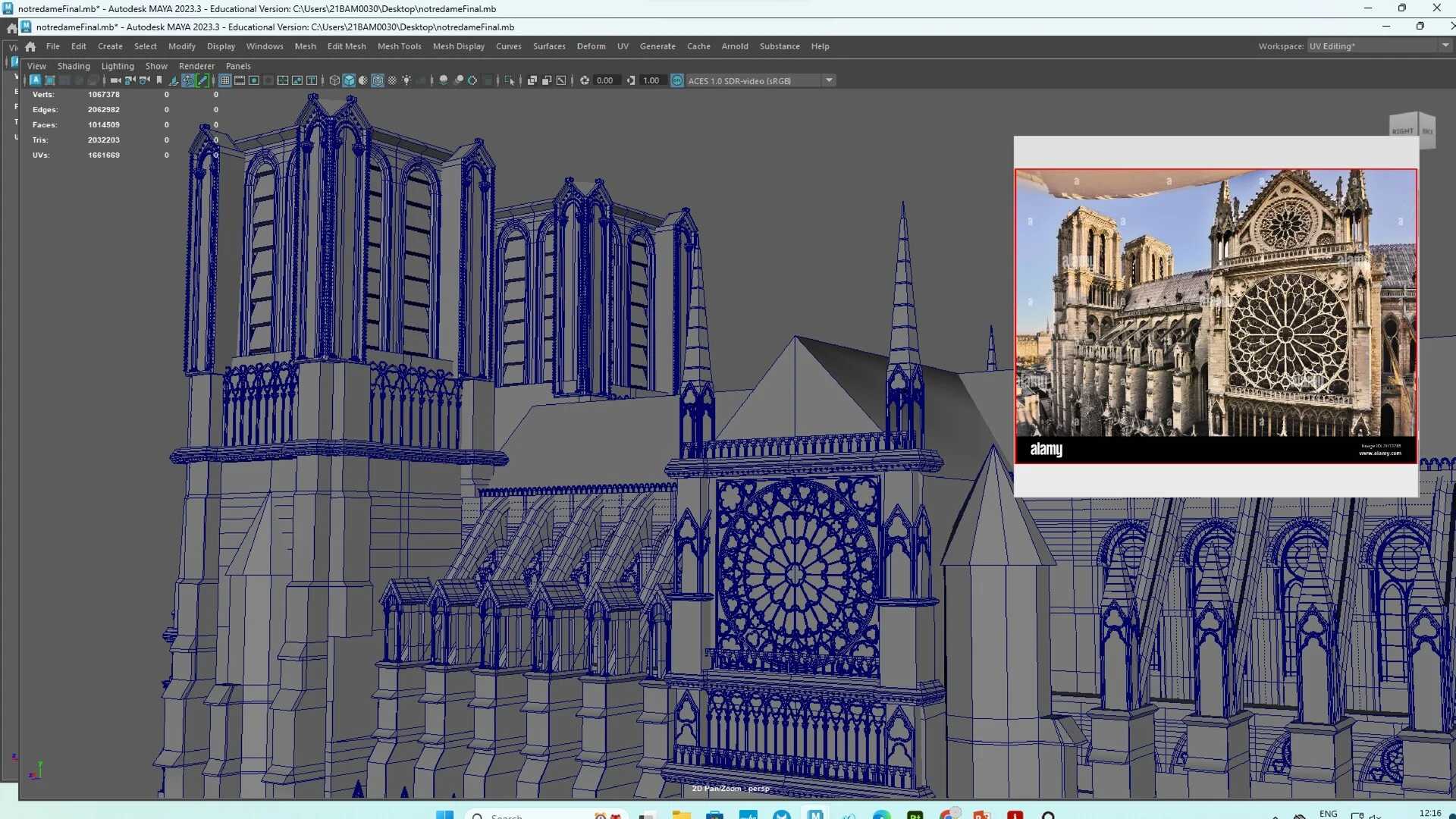 Side perspective of the cathedral transept in Maya with an inset reference image showing the real-world stone architecture.