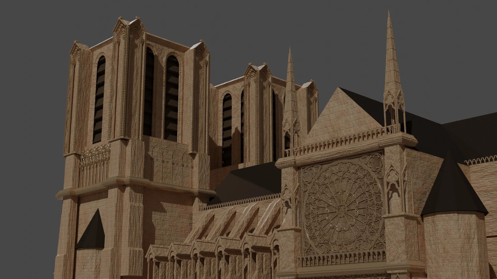 Detailed 3D architectural render of the South Transept and Rose Window of Notre Dame.