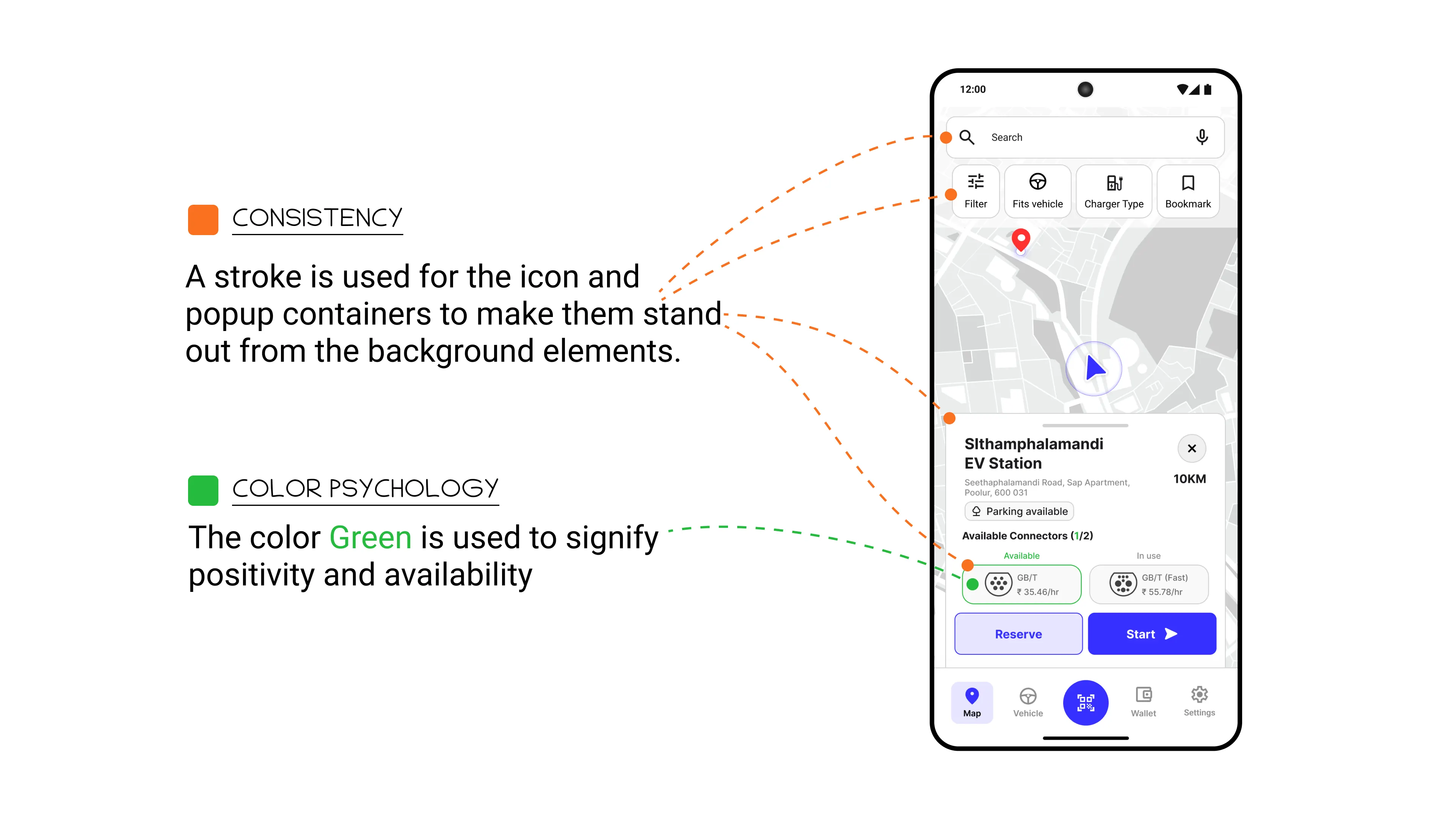 EV station detail popup using a stroke for container prominence and green color psychology to indicate connector availability.
