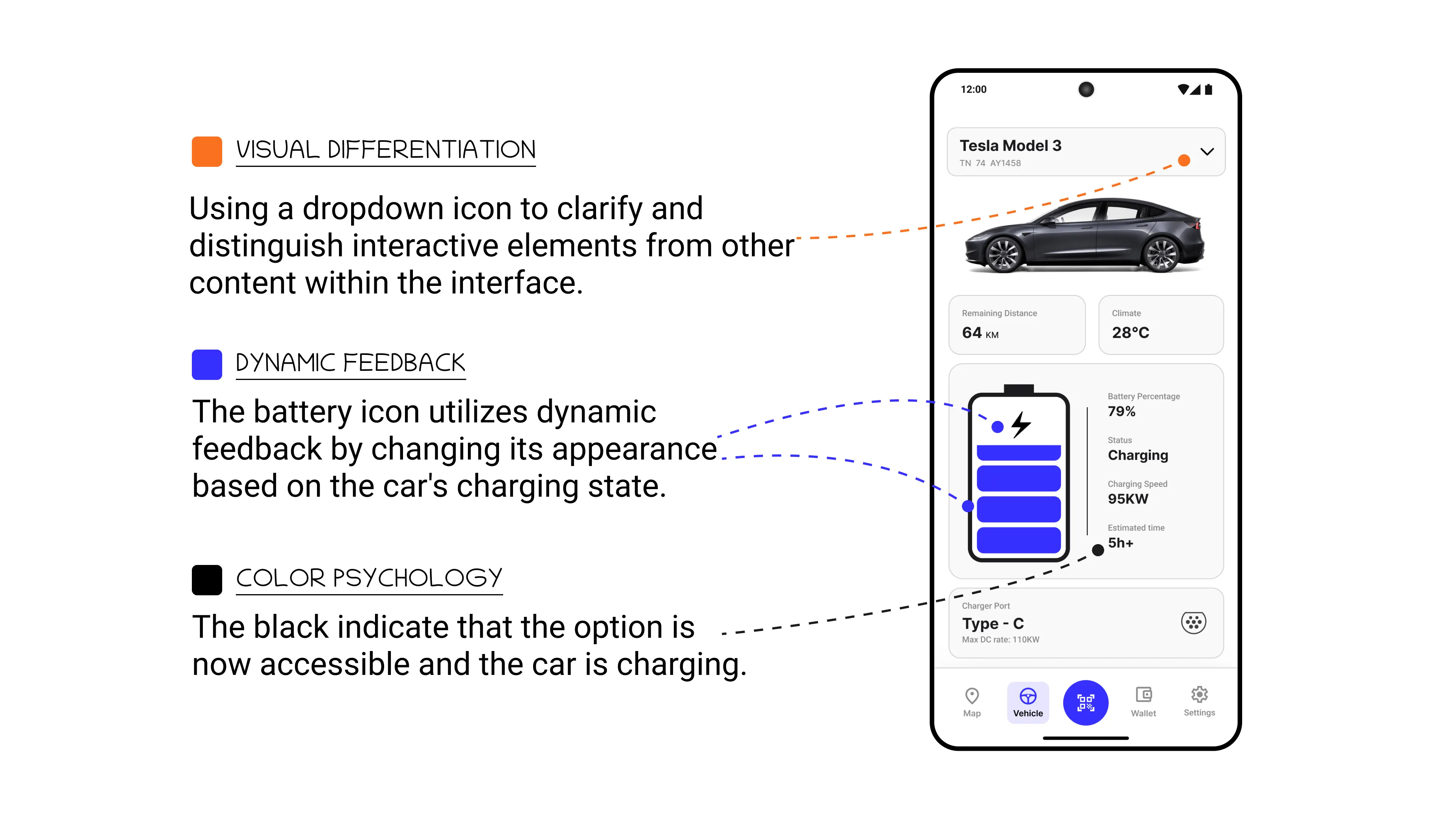 Charging feedback screen using a dropdown icon for interactive elements and dynamic feedback where the battery icon changes appearance based on the charge state.