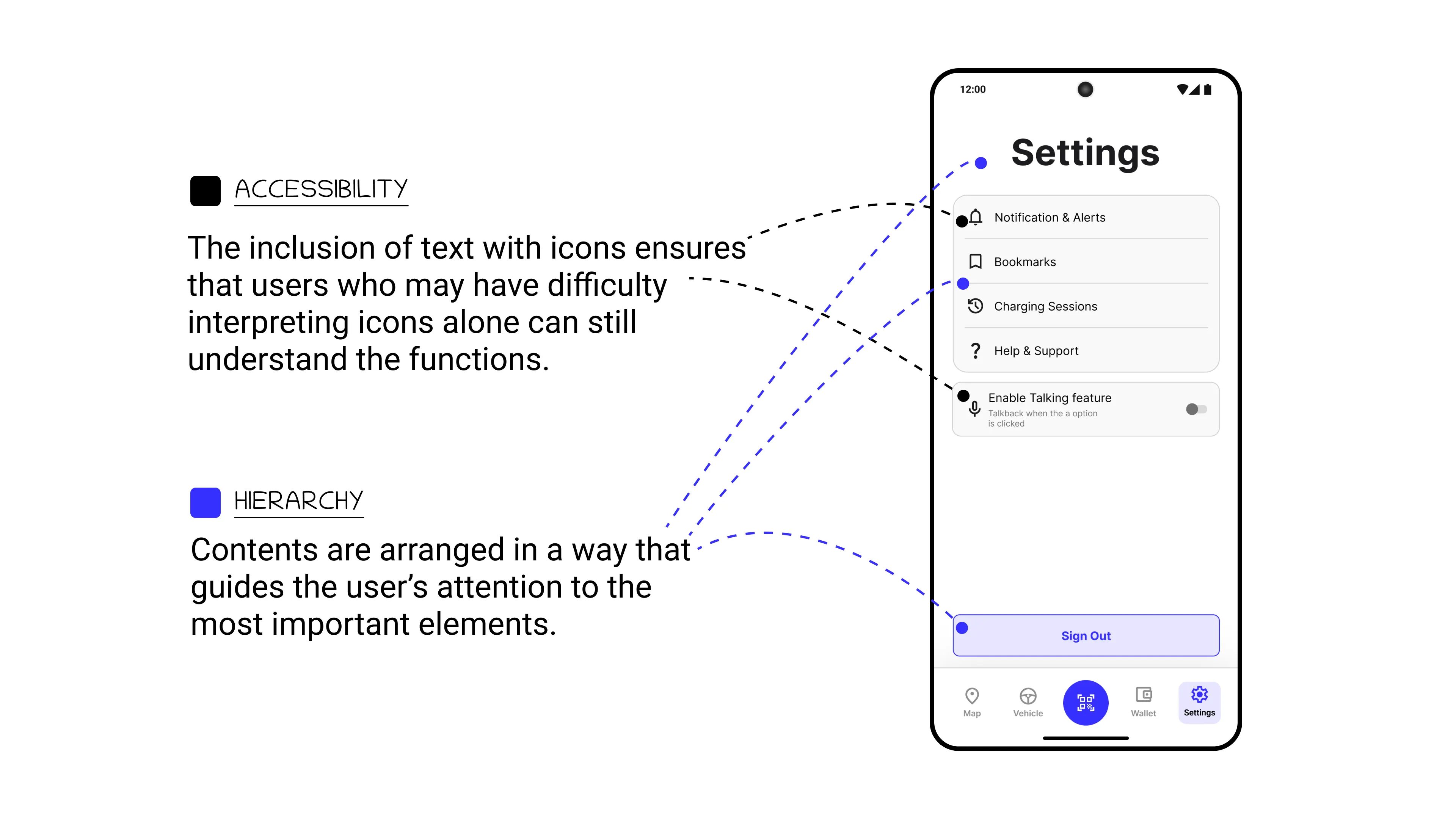 Settings menu design focusing on accessibility by combining text with icons and a clear hierarchy to guide user attention to important elements.