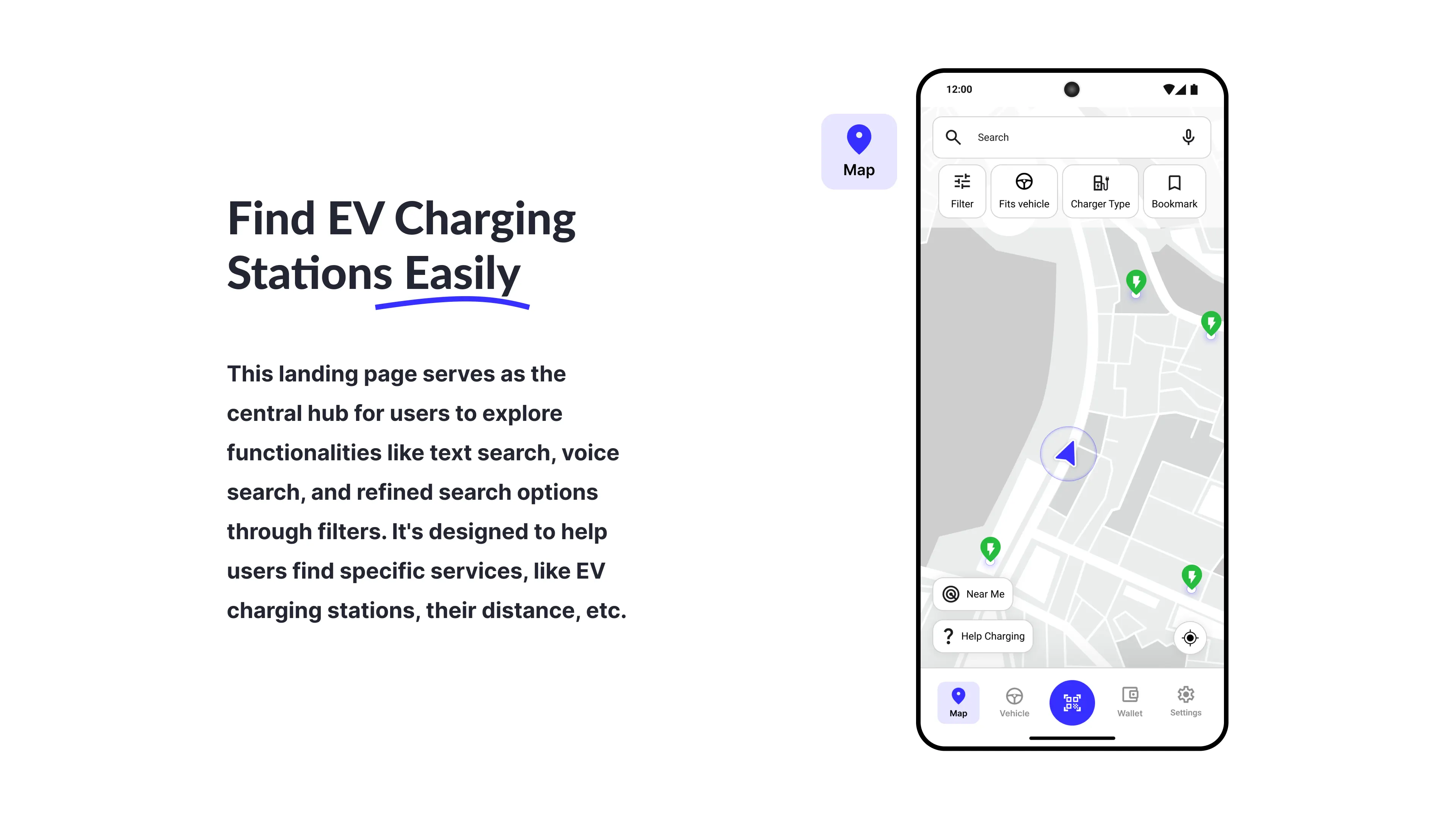EV charging station app landing page showing map view with green charger pins and search filters.