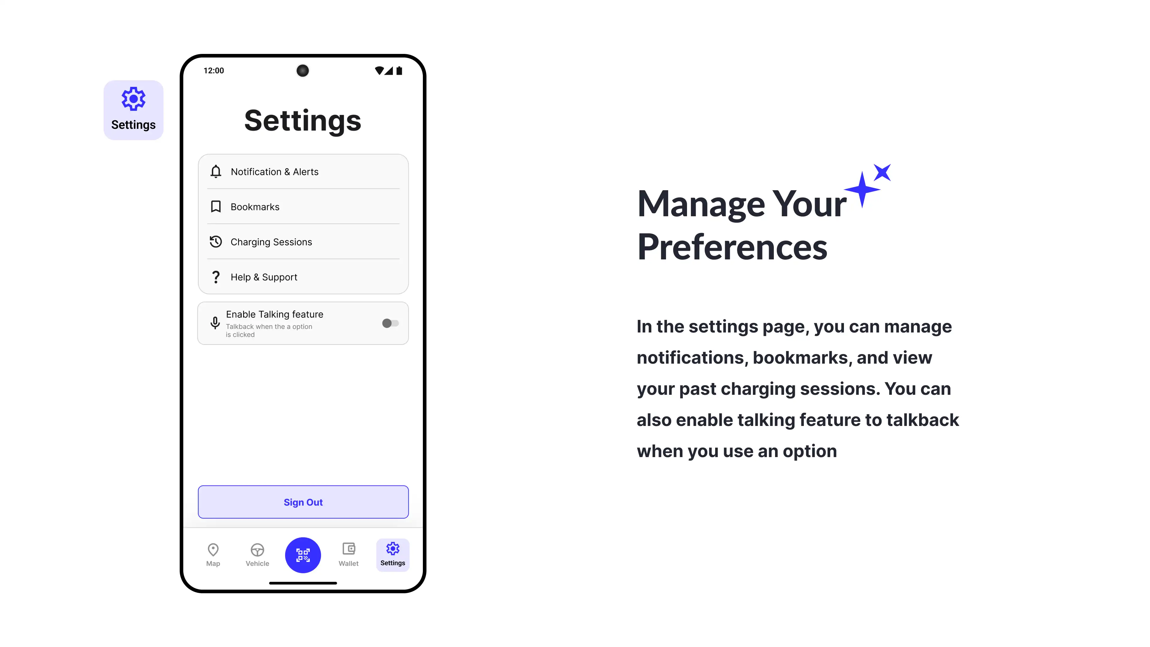 App settings menu with options for notifications, bookmarks, charging sessions, and accessibility features.