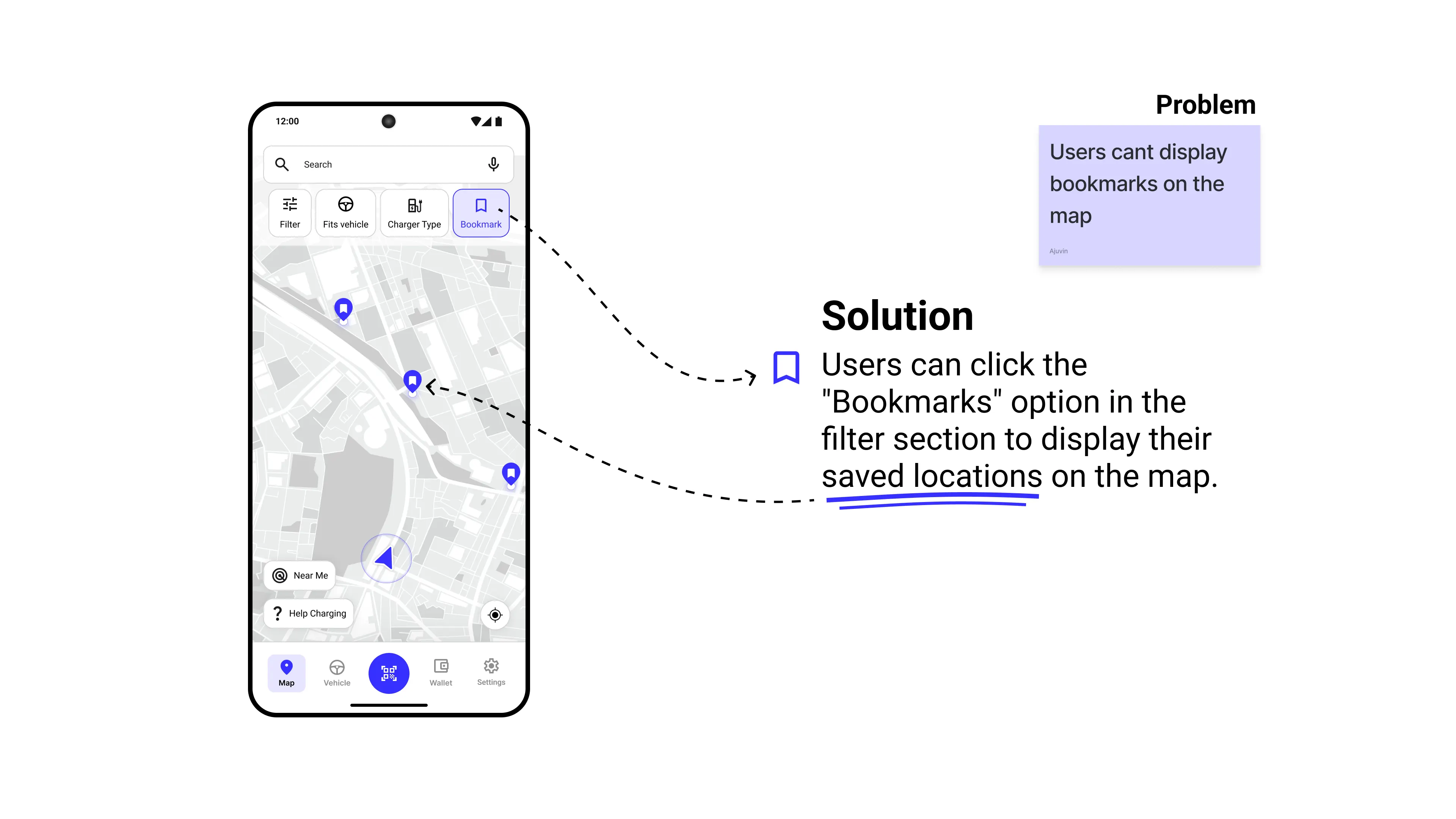 UI solution showing how users can display bookmarked saved locations directly on the map via a filter.