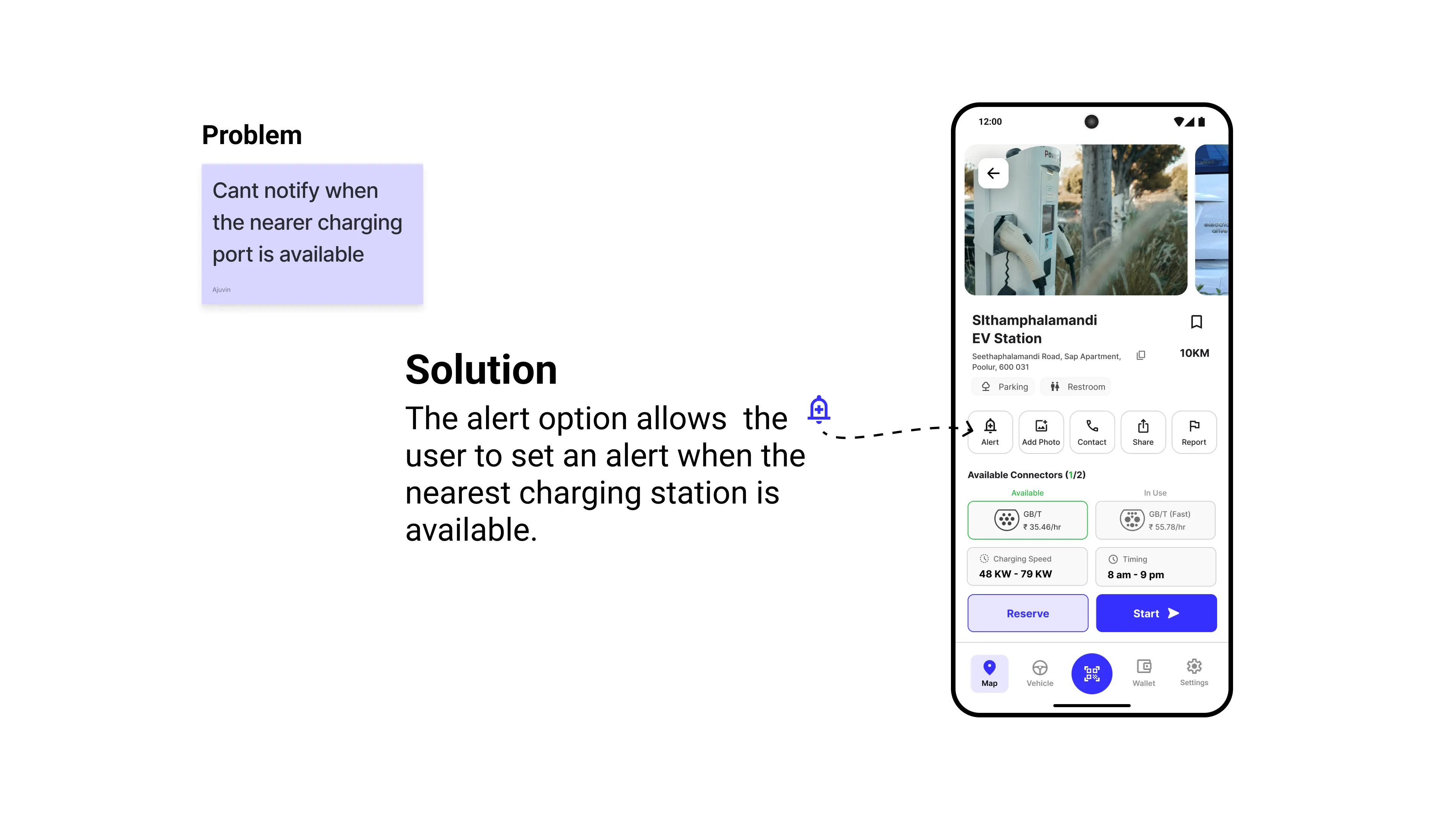 A slide highlighting the notification feature; the problem is not knowing when a nearby port becomes free, and the solution is a bell icon to set availability alerts.