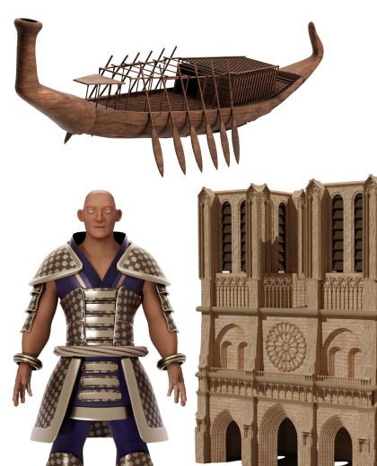3d character modeling and texturing of fictional character, realestic 3d model of Notre Dame to Paris, Historic 3d model of Khufu Ship made using Autodesk Maya, Blender, Substance painter by Show Starters