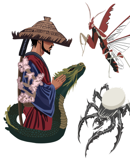 Samurai illustration, Praying mantice, Spider illustration designed by Show Starters